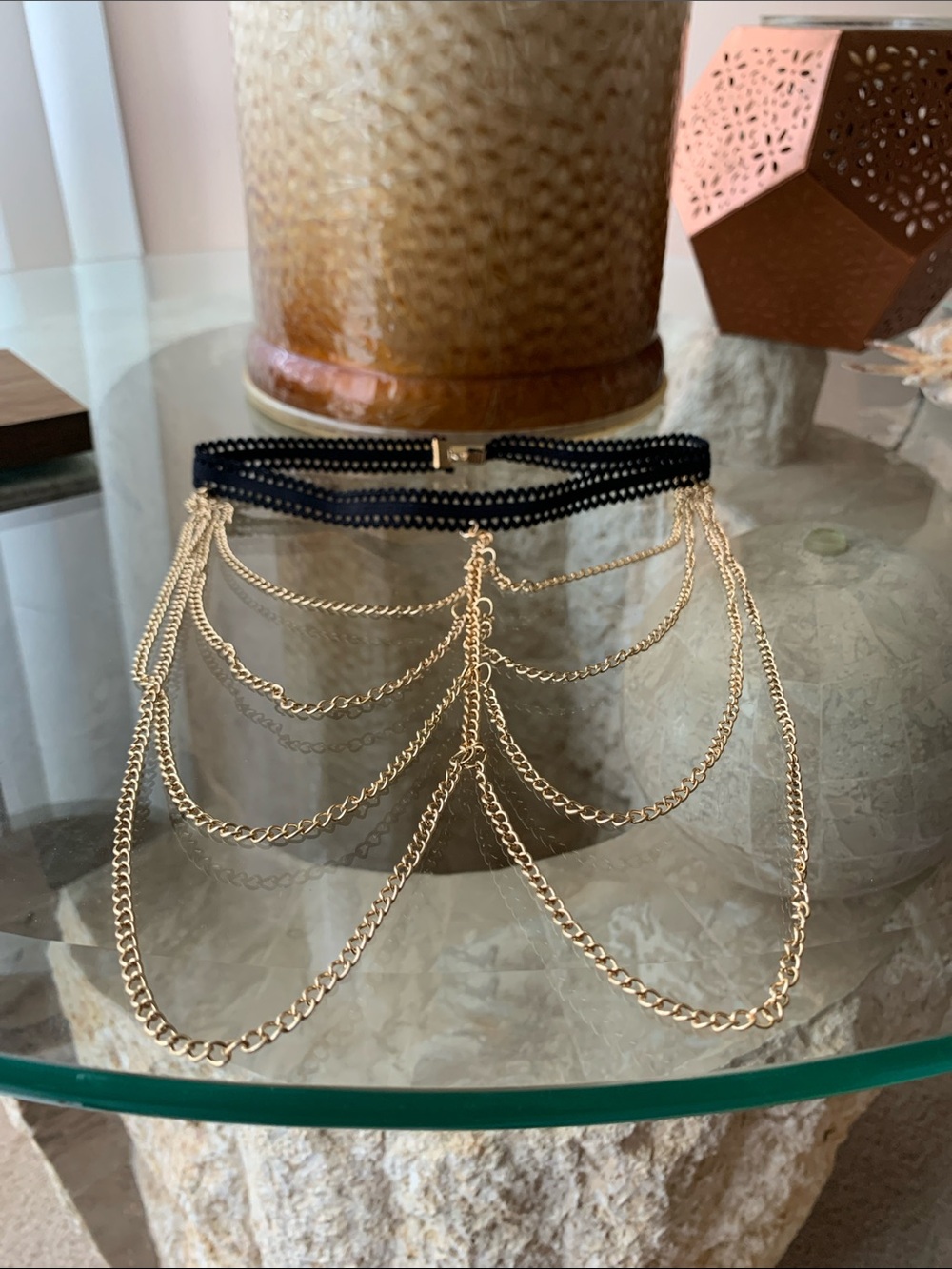 Gold Chain Draped Choker Necklace with Black Band